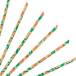 A collection of custom disposable 4-ply straight angled paper straws in orange and green leaf patterns.