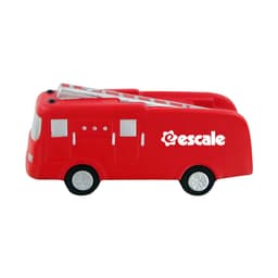 A red fire truck-shaped stress reliever with a logo on the side. Ideal for fun and stress relief.