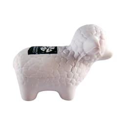 A white sheep-shaped stress reliever with a textured surface and a small logo on its side.