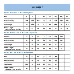A size chart detailing measurements for men's, women's, and kids' long sleeve shirts, including chest and sleeve lengths.