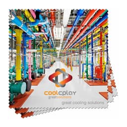 A microfibre lens cloth featuring a vibrant colourful design with pipes and machinery, and a logo at the centre.