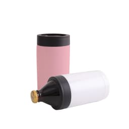 A 14oz stainless steel stubby holder in pink and white, featuring a black top and base, with a logo.
