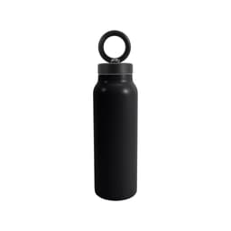 A drink bottle made of black stainless steel, featuring a vacuum design and a magnetic phone holder.
