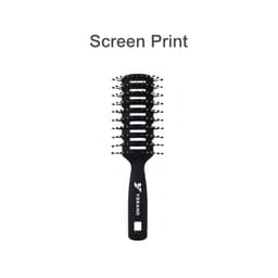 A black vent hair brush with wide teeth and a handle featuring a logo.