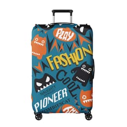 A suitcase cover featuring a colourful design with playful monster graphics, including shades of blue, orange, and black.