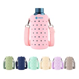 A drink bottle bag in pink with star patterns, featuring a shoulder strap and various colour options displayed below.