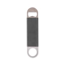 A drink bottle opener with a stainless steel end and a grey PU leather handle, featuring branding.
