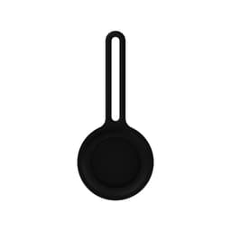 A black Air Tag protective case with a loop for attachment, designed for device safety.
