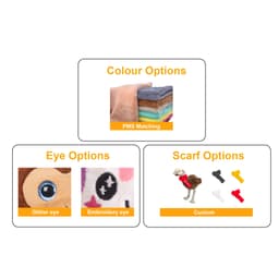 A selection of fabric swatches in various colours, eye options, and custom scarf choices for a plush emu toy.