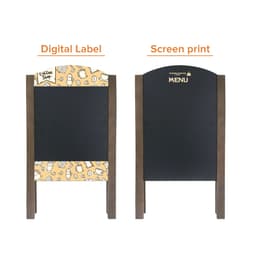 A-frame chalkboards featuring a black writing surface and decorative borders in brown wood. One side has digital design, the other screen print.