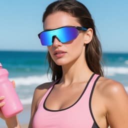 A woman wearing blue mirrored sports cycling sunglasses and a pink tank top, holding a pink drink bottle by the beach.