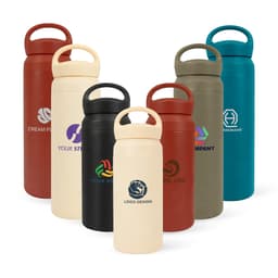 A drink bottle collection featuring 350ML and 500ML double wall stainless steel options in various colours with handles and logos.