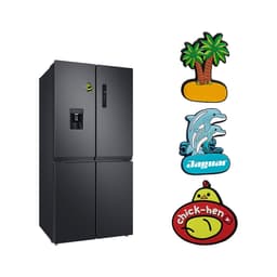 A black fridge with colourful PVC fridge magnets featuring a palm tree, dolphins, a jaguar, and a chicken.