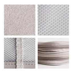 A collection of grey fabric textures, including woven patterns, mesh, and zippers, showcasing material details for a product.