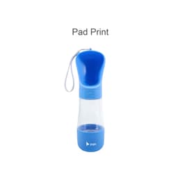 A drink bottle in blue with a transparent container and an integrated food compartment. It has a logo.