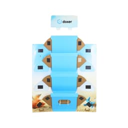 A premium cardboard floor display in light blue, featuring multiple compartments and a logo at the top.