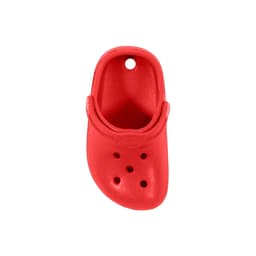 A red clog shoe-shaped charm with ventilation holes and a hanging loop. Features a smooth, textured interior.