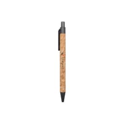 A cork pen with a grey click mechanism and black nib, featuring a logo on the barrel.