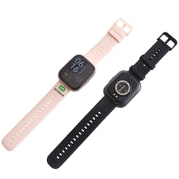 A square smart watch in pink and black, featuring a digital display and silicone straps. Includes a logo on the pink band.