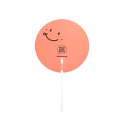A round, orange hand fan with a smiling face design and a white handle, featuring a logo and text.