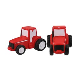 A red tractor-shaped stress reliever with black wheels, featuring a logo on its body.