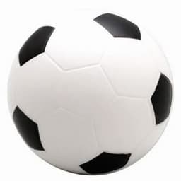 A white and black football-shaped stress reliever, featuring a classic design with hexagonal patches and a logo.
