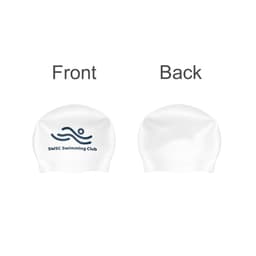A seamless silicone swimming cap in white, featuring a logo on the front side.
