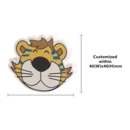 A custom-shaped TPR eraser featuring a smiling tiger design in yellow and blue. It has a prominent logo on it.