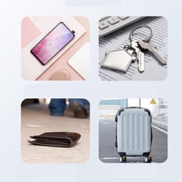 A collection of items including a smartphone, keys, a wallet, and a suitcase, all set on a light background.