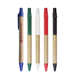 A set of five Kraft paper ball pens in blue, green, red, white, and black with a logo on one pen.