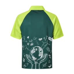 A green and lime unisex polo shirt with a graphic design featuring a globe and hands on the back.