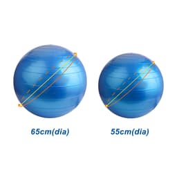 Two blue PVC yoga balls of different sizes, measuring 65 cm and 55 cm in diameter, placed side by side.