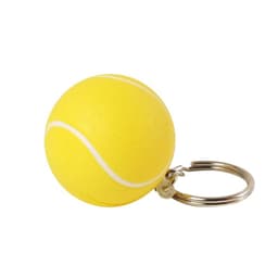 A yellow keyring featuring a tennis ball stress item with a white seam. Includes a metal keyring attachment.