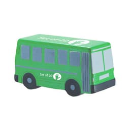 A green bus-shaped stress reliever with grey details and a logo, designed in a fun and playful style.