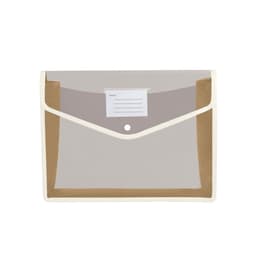 A transparent envelope expanding document folder with a cream border and a label for identification.