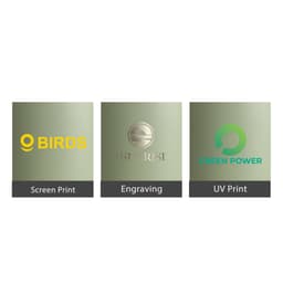 Three sections featuring different printing methods: Screen Print, Engraving, and UV Print on a green backdrop.