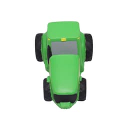 A green tractor-shaped stress reliever with black wheels, featuring a simple design and a logo on it.