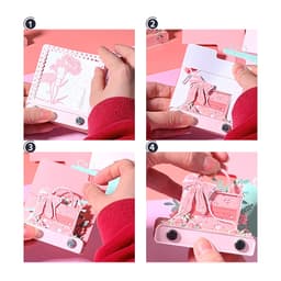 A pink notepad shaped like a handbag features floral designs and a decorative bow, showcasing various stages of use.