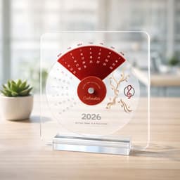 An acrylic desk calendar featuring a red and clear design, displaying the year 2026 with decorative elements.