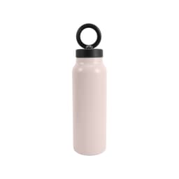 A drink bottle in a soft pink colour with a black screw-on lid and a circular handle. It features a logo.