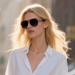 A pair of black classic aviator sunglasses worn by a model with blonde hair, set against a blurred outdoor background.
