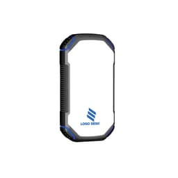 A rugged black and blue power bank with a logo on a white surface, designed for outdoor use.