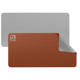 A PU leather desk mat in brown with a grey underside, featuring a logo in the corner.