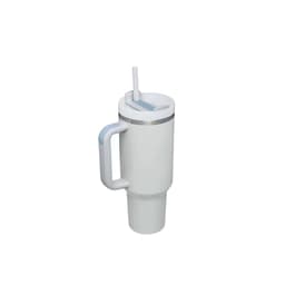 A drink bottle in white with a stainless steel lid, straw, and a handle. It features a logo on the side.