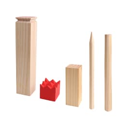 A Premium Wooden Kubb Set featuring natural wood pieces in various shapes and a red crown-shaped piece.