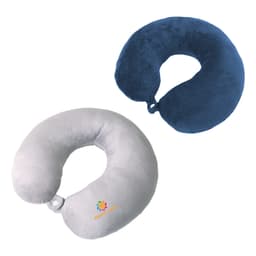 Two U-shaped travel pillows in grey and navy blue, featuring a logo on one of them.