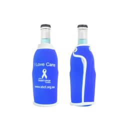 A drink bottle cooler in blue featuring a logo and a design that reads "I Love Cans."