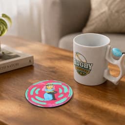 A colourful PU coaster featuring a cartoon design, placed beside a mug on a wooden table.