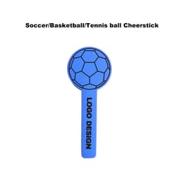 A blue cheer stick with a soccer ball design at the top and a logo on the handle.