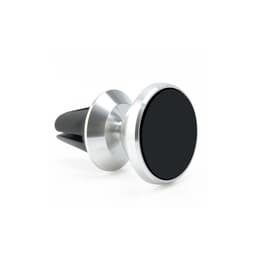 A rotatable clip-on car phone holder with a silver metal finish and a black magnetic surface.